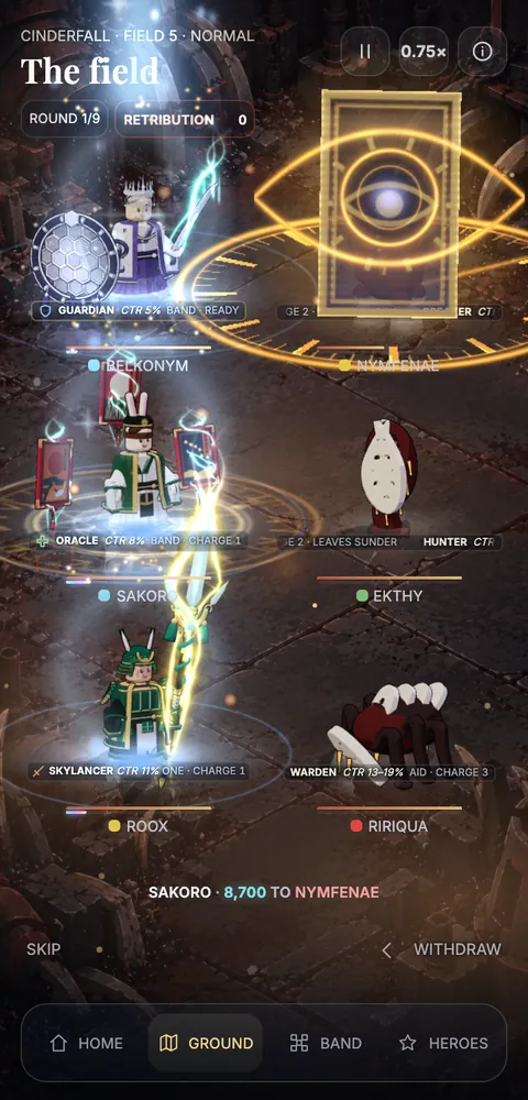 A fight on Cinderfall: the Oracle's golden card opens over the foes